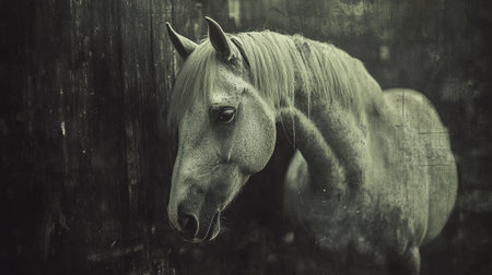 Captivating portrait of a white horse captured in black and white, showcasing its elegance and beauty against a textured dark background.の素材