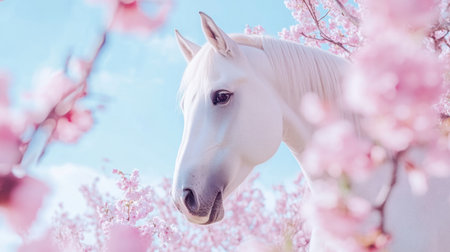 A stunning white horse stands amidst a sea of vibrant pink cherry blossoms under a bright blue sky, embodying tranquility and natural beauty.の素材