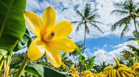 A stunning yellow flower stands out in a tropical banana plantation, surrounded by lush greenery and under a beautiful blue sky filled with clouds.の素材