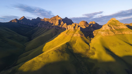 Capture the beauty of a stunning mountain landscape at sunrise, showcasing sunlit peaks, dramatic shadows, and vibrant terrain under a clear sky.の素材