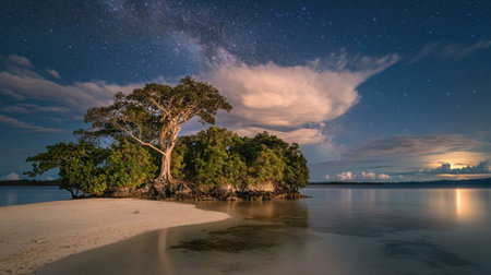 A tranquil island scene features a large tree silhouetted against a starry night sky, with calm waters reflecting clouds and enhancing the serene atmosphere.の素材
