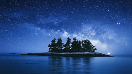 This captivating image showcases an isolated island set against a breathtaking starry sky. The Milky Way reflects beautifully on calm water, creating a tranquil atmosphere ideal for nature enthusiasts and night sky lovers.の素材
