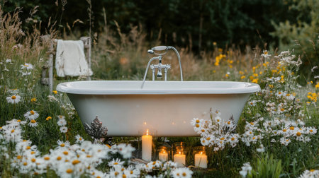 A tranquil outdoor scene featuring a vintage bathtub nestled among wildflowers and glowing candles, perfect for relaxation and peaceful escape into nature.の素材