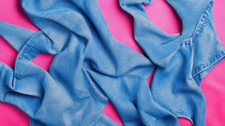 This image showcases a soft blue denim fabric elegantly draped over a vibrant pink background, perfect for fashion and design projects. The contrasting colors create a lively and modern aesthetic, ideal for creative applications.の素材