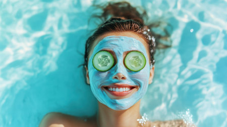 A joyful woman floats in a turquoise pool, enjoying her spa day with a refreshing facial mask and cucumber slices over her eyes, radiating tranquility.の素材