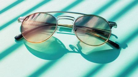 A pair of stylish round sunglasses lies on a teal surface, surrounded by soft shadows, creating a vibrant and artistic summer vibe perfect for lifestyle photography.の素材