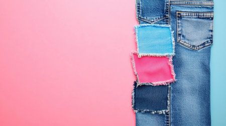This image captures colorful denim patches creatively arranged on a stylish background, ideal for fashion design and crafting inspiration.の素材