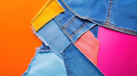 A vibrant display of assorted fabric swatches and denim patches arranged artistically on a bright orange background, perfect for textile design inspiration.の素材
