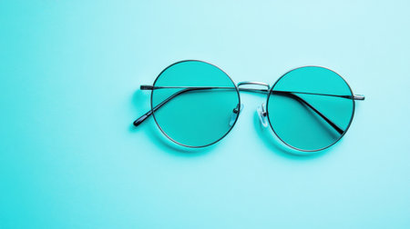A pair of elegant round sunglasses with striking blue lenses rests on a vibrant turquoise surface, perfect for fashion displays or accessory showcases.の素材