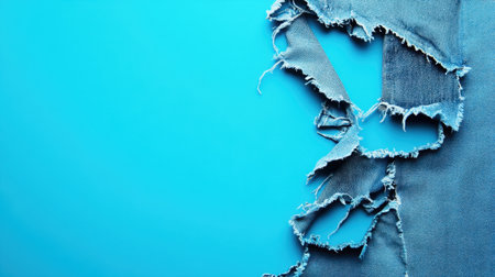 This image showcases torn denim fabric set against a bright blue background, perfect for artistic and fashion projects requiring texture and contrast.の素材