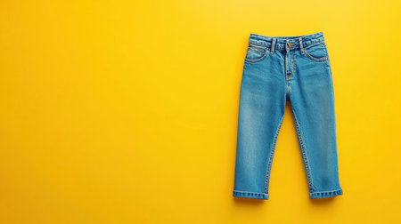 Bright blue denim jeans displayed on a vibrant yellow background, perfect for showcasing trendy kids' apparel and casual fashion options.の素材