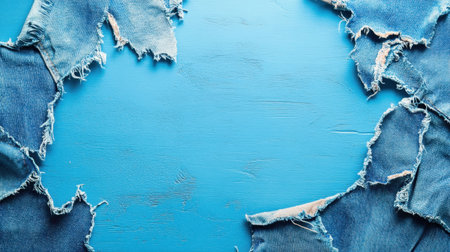 A unique arrangement of torn denim fabric creates a striking frame against a blue wooden surface, ideal for artistic designs and creative projects.の素材
