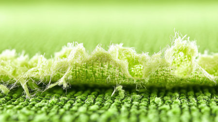 Closeup of textured green fabric showcasing a frayed edge. The vibrant colors and intricate details create an abstract visual, emphasizing softness and material.の素材