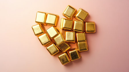 A visually striking heart made from glossy gold bars shines against a soft pink backdrop, evoking feelings of luxury, love, and elegance perfect for various themes.の素材