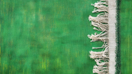 This image features a vibrant green fabric with a white fringed edge, perfect for use in various crafts, designs, and home decor projects.の素材