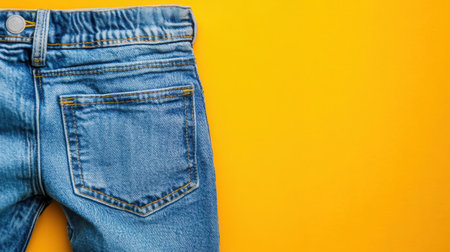 A close-up view of blue denim jeans displayed against a vibrant yellow background, showcasing the texture and style suitable for fashion-related projects.の素材