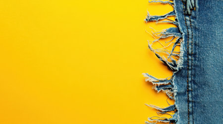 This image showcases a close-up of a frayed denim edge against a vivid yellow background, perfect for fashion and textile designs. The vibrant colors and textures create a striking visual contrast, highlighting the casual and trendy aspects of denim fabric.の素材