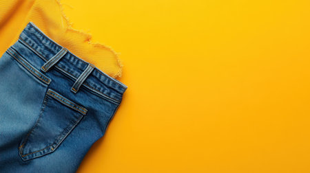 A trendy pair of denim jeans with a frayed hem rests on a bright yellow background, showcasing a modern and stylish look for casual fashion.の素材