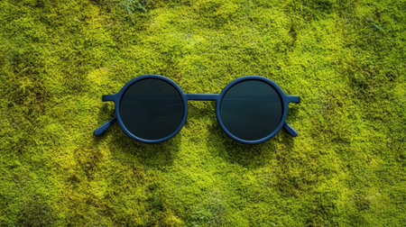 This image features stylish round sunglasses resting on a lush green moss surface, creating a vibrant contrast that captures the essence of nature and fashion.の素材