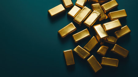 A striking arrangement of shiny gold bars on a dark surface, symbolizing wealth and luxury, ideal for finance and investment themes in creative projects.の素材