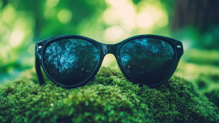 A stylish pair of black cat-eye sunglasses rests on lush green moss, creating a fresh and vibrant scene. Perfect for summer and nature lovers.の素材