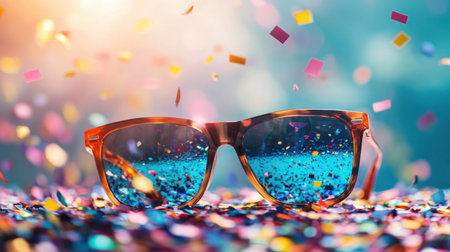 A pair of trendy sunglasses rests amid a scatter of vibrant confetti, reflecting a joyous celebration atmosphere filled with color and energy.の素材