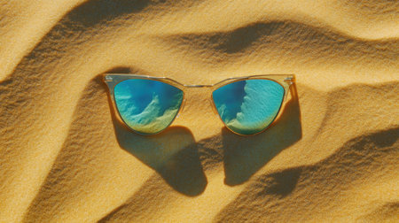 A captivating scene features stylish sunglasses with reflective lenses resting on warm golden sand under the bright sun, perfect for summer vibes.の素材