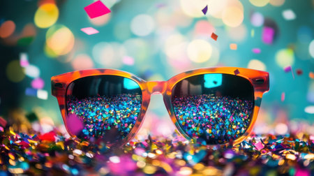 A vibrant close-up of stylish sunglasses reflecting a colorful confetti-filled celebration, set against a backdrop of glowing bokeh lights. Perfect for festive themes.の素材