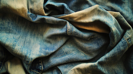 This image features a close-up view of denim fabric showcasing its rich texture and natural folds, perfect for fashion and design projects.の素材