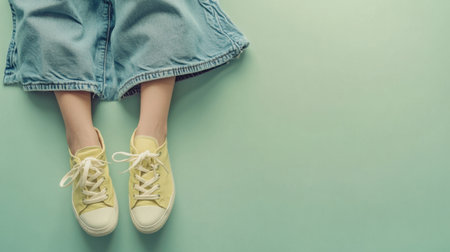A stylish casual outfit featuring light yellow sneakers and a denim skirt, captured from above on a soft green background. Ideal for summer fashion themes.の素材