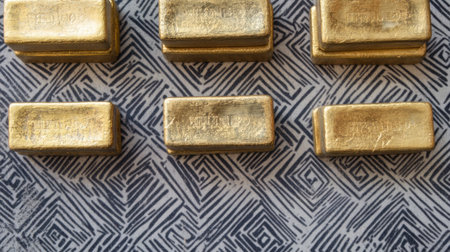 The image features multiple gold bars arranged neatly on a distinctively patterned background. Each bar showcases the rich luster and high value associated with precious metals, symbolizing luxury and wealth.の素材