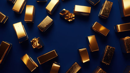 A stunning arrangement of shimmering gold bars and nuggets set against a deep blue background, symbolizing wealth and prosperity in various themes.の素材