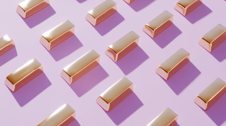 This image features shiny gold bars arranged in a seamless pattern on a pastel purple background, symbolizing wealth and luxury in a contemporary style.の素材