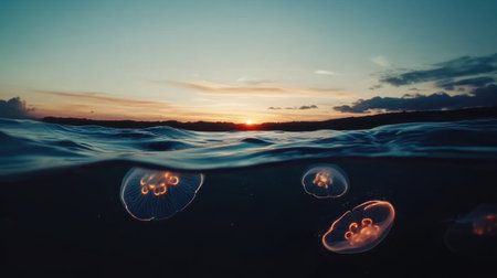 Experience the enchanting view of glowing jellyfish beneath the ocean surface during a stunning sunset. This captivating scene blends marine beauty and tranquility.の素材
