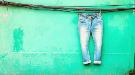 A pair of casual denim jeans beautifully suspended against a vibrant turquoise wall, set against a backdrop of power cables, showcasing urban fashion.の素材
