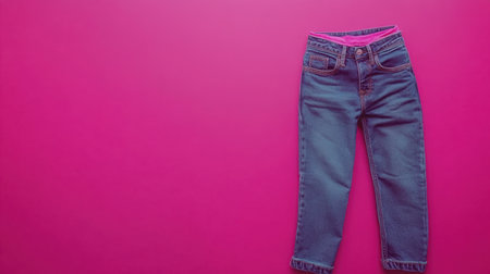 A pair of blue denim jeans set against a bright pink background, perfect for showcasing youth fashion. Ideal for advertising and promotional materials.の素材