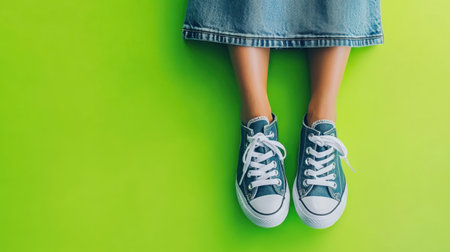 Close-up view of stylish blue sneakers worn by a person in a denim skirt, set against a vibrant green background, capturing youthful fashion and fun.の素材