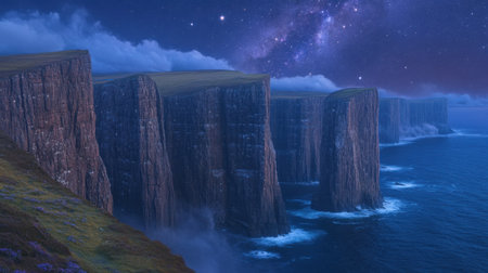 Explore the beauty of towering cliffs illuminated by a mesmerizing starry night sky, featuring a stunning galaxy and tranquil ocean waves.の素材