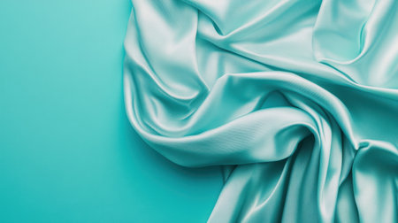 This image features a soft and elegant mint green fabric draped gracefully over a light blue background, showcasing a smooth texture ideal for fashion and textile design.の素材