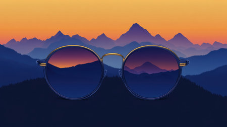 Capture the essence of adventure and style with these trendy round sunglasses, featuring a stunning mountain sunset backdrop, perfect for dreamers.の素材