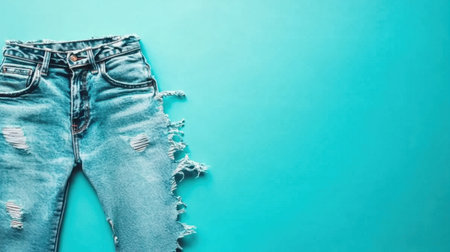 A pair of stylish ripped denim jeans is displayed against a vibrant blue background, capturing the essence of modern fashion and casual elegance.の素材