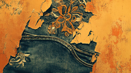 This striking image captures vintage denim adorned with intricate embroidery against a vibrant orange backdrop, showcasing texture and color contrast.の素材