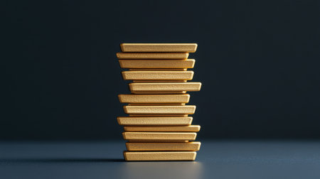 This image showcases an elegant stack of gold bars, representing wealth and investment. The glossy presentation highlights financial stability and luxury.の素材