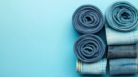 This image features neatly rolled denim and cotton fabrics in various blue tones arranged aesthetically on a soft blue background, showcasing casual elegance.の素材