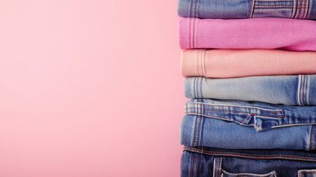 A visually appealing stack of colorful denim jeans displayed against a soft pink background, perfect for fashion blogs, lifestyle content, and textile designs.の素材