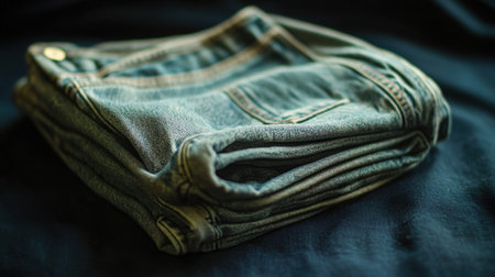 A close-up image of neatly folded denim jeans resting on a dark fabric background. The composition highlights the texture and quality of the material, ideal for fashion and textile themes.の素材
