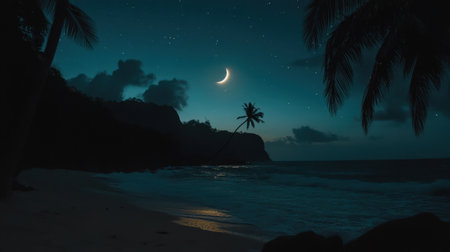 Experience the serenity of a tropical beach at night, illuminated by a crescent moon and sparkling stars. The tranquil scene is complemented by palm trees.の素材