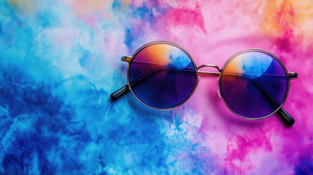 A pair of round sunglasses rests on a vibrant tie-dye background, combining bright colors and artistic design for a playful summer vibe.の素材