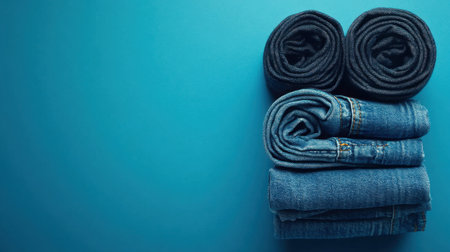 This image showcases neatly rolled denim jeans in various shades on a vibrant blue background, highlighting fashion and textile options for diverse audiences.の素材