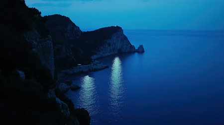 Experience the peaceful beauty of a tranquil evening seascape featuring calm waters, rocky cliffs, and soft blue tones reflecting the fading light.の素材